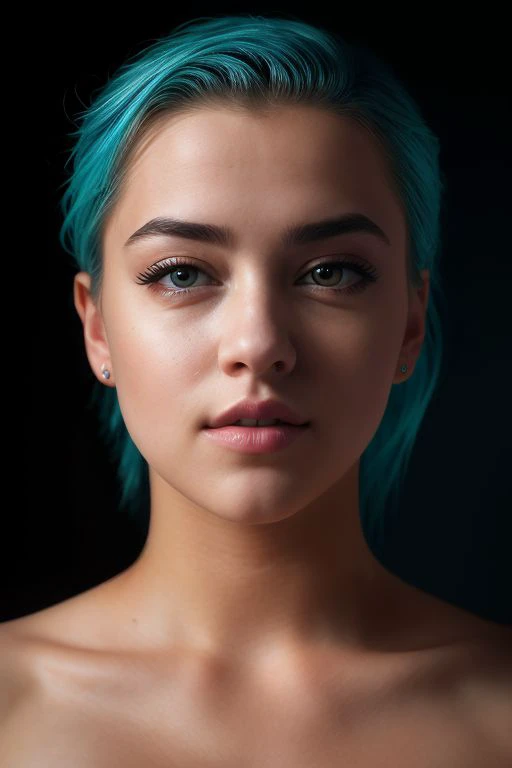 beautiful American girl, (small lips: 1.2), pointed face, sharp features, smooth chin, electric blue hair, shy look, 18 years old girl, ( focus on face, shallow focus:1.2), head and shoulders portrait, 4k, natural lighting, film grain