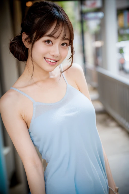 Woman posing on street corner wearing light blue、top-quality、 1 a person、large full breasts、tag、with light glowing、Blur background、bokeh dof、outside of house、(street:0.8)、(a person々、crowd:1)、camisole、Water-colored suit、pleatedskirt、a gorgeous(short-hair、forehead:1.2)、Beautiful sky with details、耳Nipple Ring、(dynamicposes:1.2)、 (The upper part of the body:0.8)、Soft lighting、the wind、glowy skin、a smile、