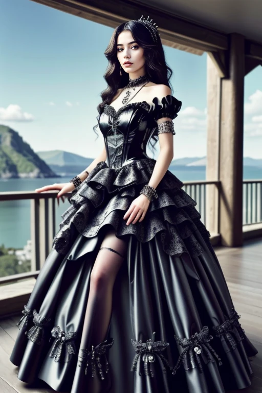 1 woman, 22yo, (realistic, masterpiece, high detailed skin:1.2) (looking at viewer, full body shot, scenic view, long hair:1.2)
<lora:Latex_Gothic_Gown_By_Stable_Yogi:0.8> latex goth gown, frills, jewellery, watch, bracelet