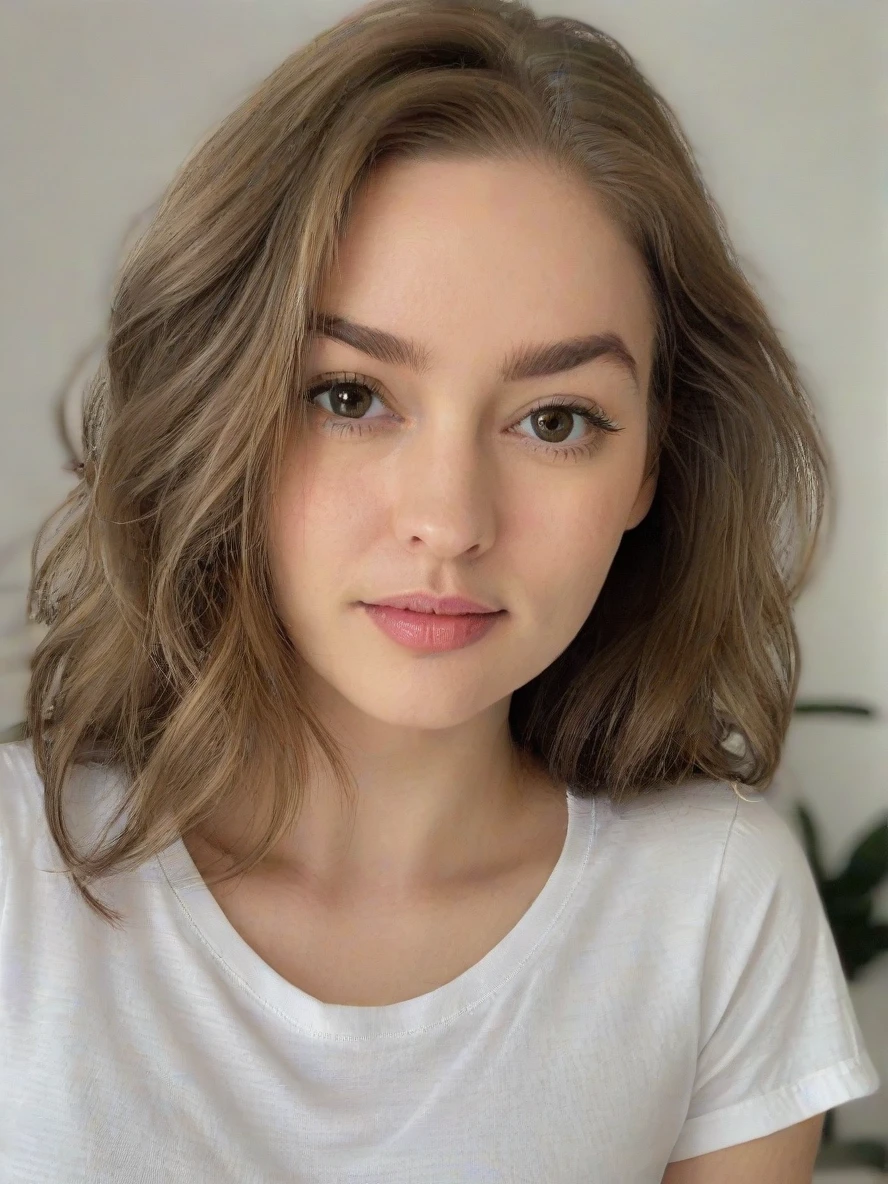 Portrait closeup of m4rym00dy woman, white tshirt, in a bedroom