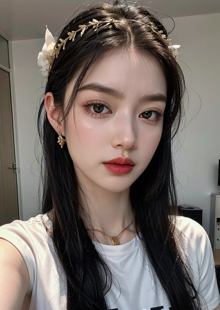 1girl, solo, upper body, looking at viewer, water T-shirt, ashes, white background, light long hair, makeup, parted lips, necklace, gold, eyeliner, wreath, <lora:MoosMST3:1> <lora:add_detail:0.4>, <lora:Rongxiiin:0.5>