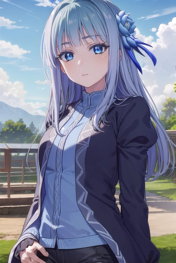 mabelrayveil, <lora:mabel rayveil s1-lora-nochekaiser:1>,
mabel rayveil, long hair, bangs, blue eyes, hair ornament, blue hair, flower, hair flower, blunt bangs,
BREAK long sleeves, jacket, shorts, puffy sleeves, short shorts, black shorts, juliet sleeves,
BREAK outdoors, nature, forest, sky, sun, clouds,
BREAK looking at viewer, (cowboy shot:1.5),
BREAK <lyco:GoodHands-beta2:1>, (masterpiece:1.2), best quality, high resolution, unity 8k wallpaper, (illustration:0.8), (beautiful detailed eyes:1.6), extremely detailed face, perfect lighting, extremely detailed CG, (perfect hands, perfect anatomy),