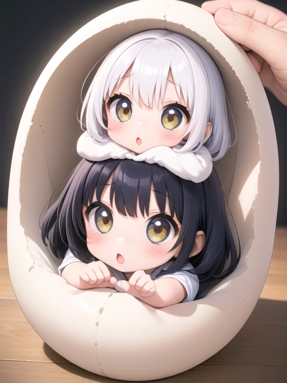 ((((tanned skin)))), ((((grey color hair))), long curly twin-tail hair with tousled ends, messy bangs that show forehead. Large, beautiful yellow eyes. Mom、Mother、rattle