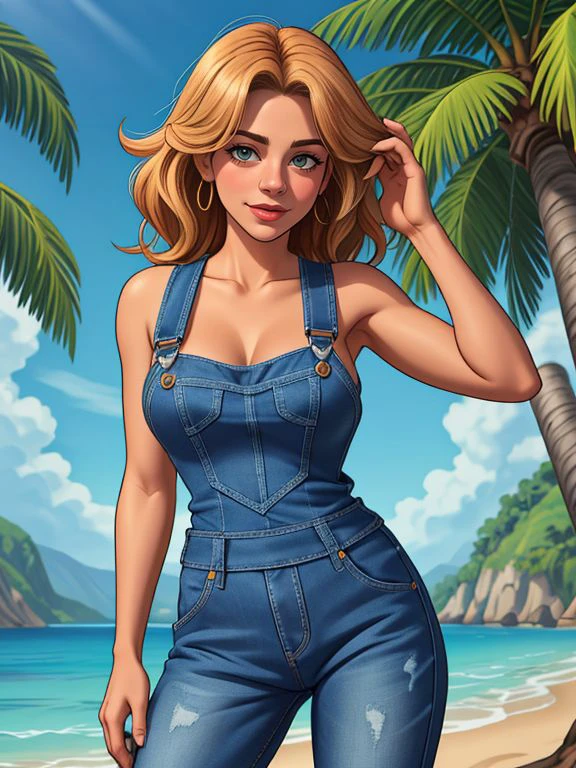 <lora:LCM_LoRA_Weights_SD15:1>
[ Meg Ryan|Maria Menounos], denim overalls or jumpsuits, A tropical and latin place with lots of green and beach