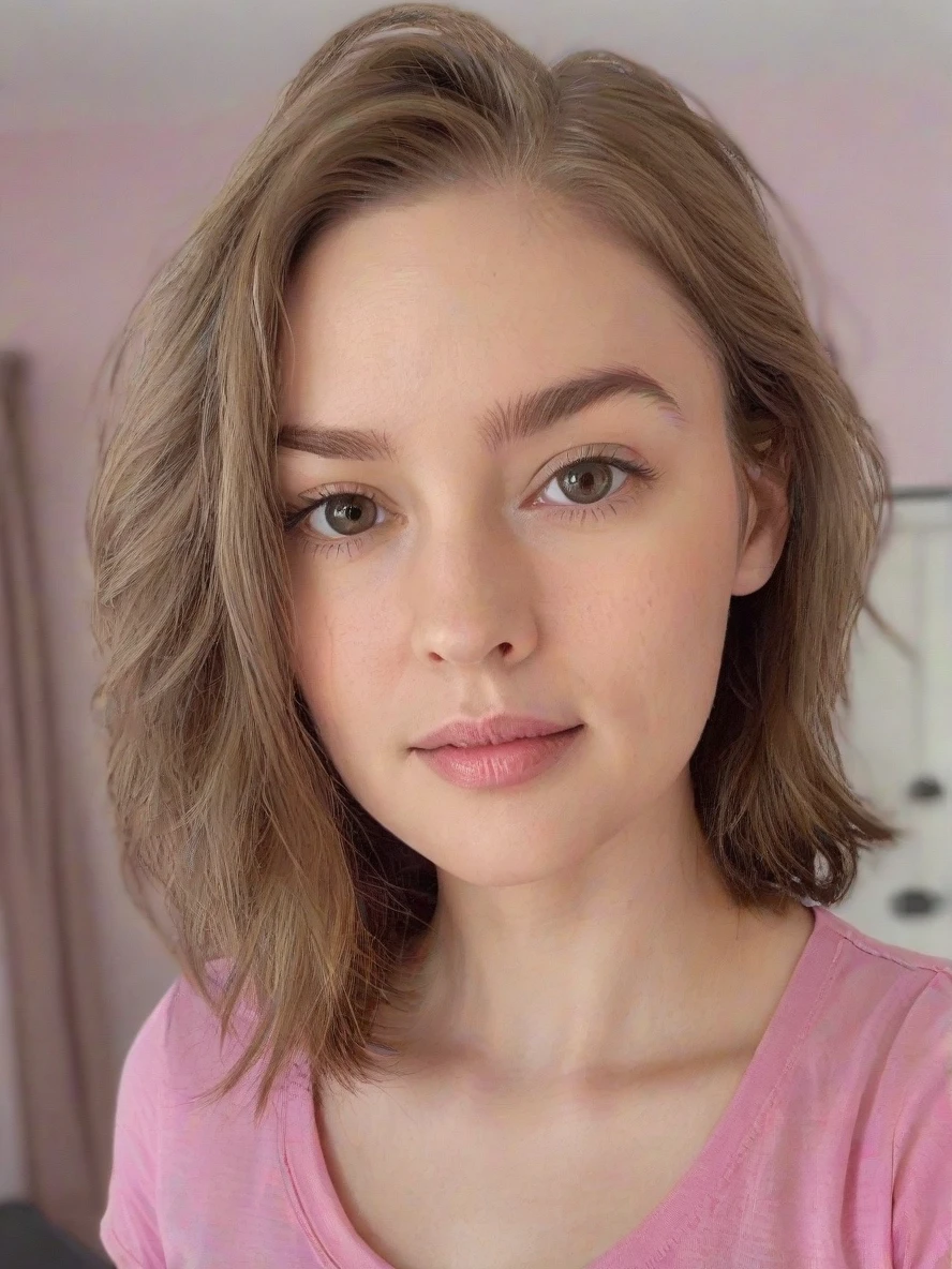 Portrait closeup photo of m4rym00dy woman, pink tshirt, in a bedroom