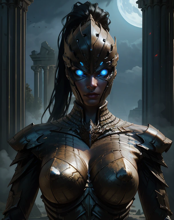 DarkNight,black skin,blue eyes,glowing eyes,black hair,helmet,long high ponytail, looking at viewer,
standing,upper body,solo,
armor,cleavage,
ruins,night,pillar,
(insanely detailed, masterpiece, best quality,beautiful detailed eyes),solo,<lora:DarkNight:0.7>,