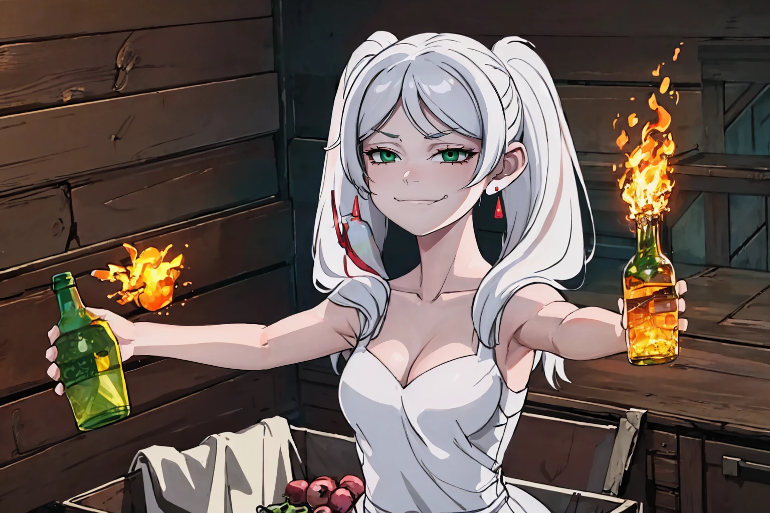 (masterpiece, best quality:1.2), solo, 1girl, frierenthrilled, smug, smirk, outstretched arm, holding molotov, holding bottle, fire, white hair, twintails, green eyes, white dress, earrings, bare shoulders <lora:concept_frierenthrilled-16:0.9> <lora:concept_holdingmolotov-10:1.1>