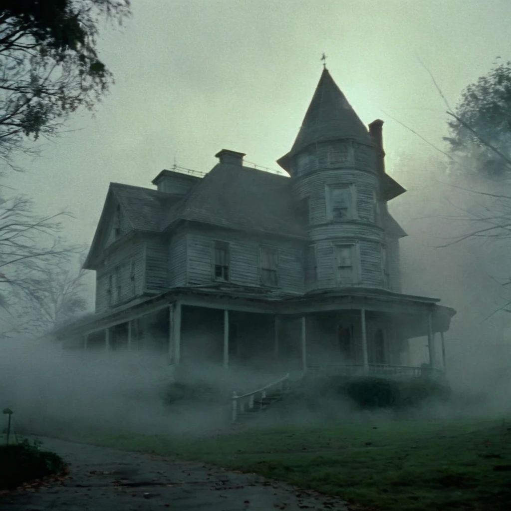 Horror-themed, <lora:Fright Night 1985 Film Style:1>
Cinematic Wide Shot Film Footage captured by Panavision Cameras and Lenses, a creepy looking house with a huge scary Creature Fog face above it staring at camera, Fright Night 1985 Film Style, Eerie, unsettling, dark, spooky, suspenseful, grim, highly detailed