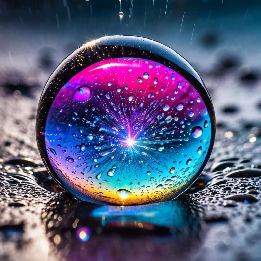 the iridescent universe seen through a drop of rain distorting the explosion of reality in shattered fractals