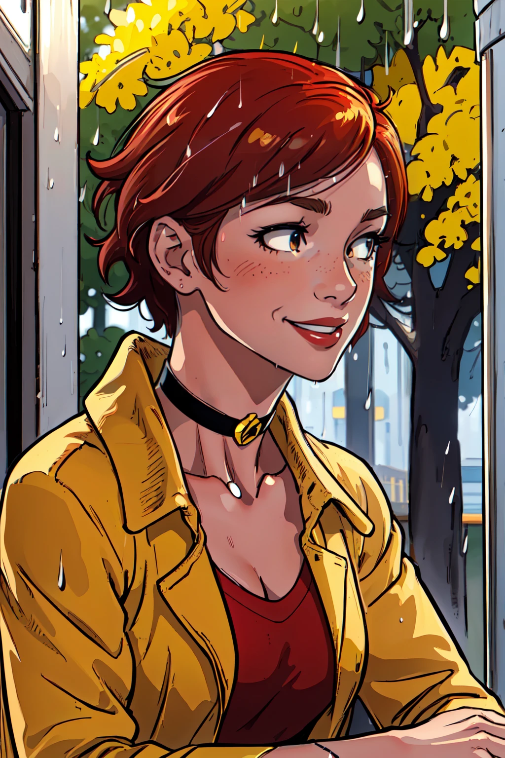 (sitting in a busstop, raining, side view, cute smile, upper body), beautiful eyes, beautiful girl, high detail skin, high detail eyes, high detail hair, highres, ultra detailed, sharpen picture, Highly detailed, masterpiece, best quality, photorealistic, <lora:MirutinaLoRA:0.8> ((1girl, short hair,red shirt:1.2,yellow raincoat,choker,))