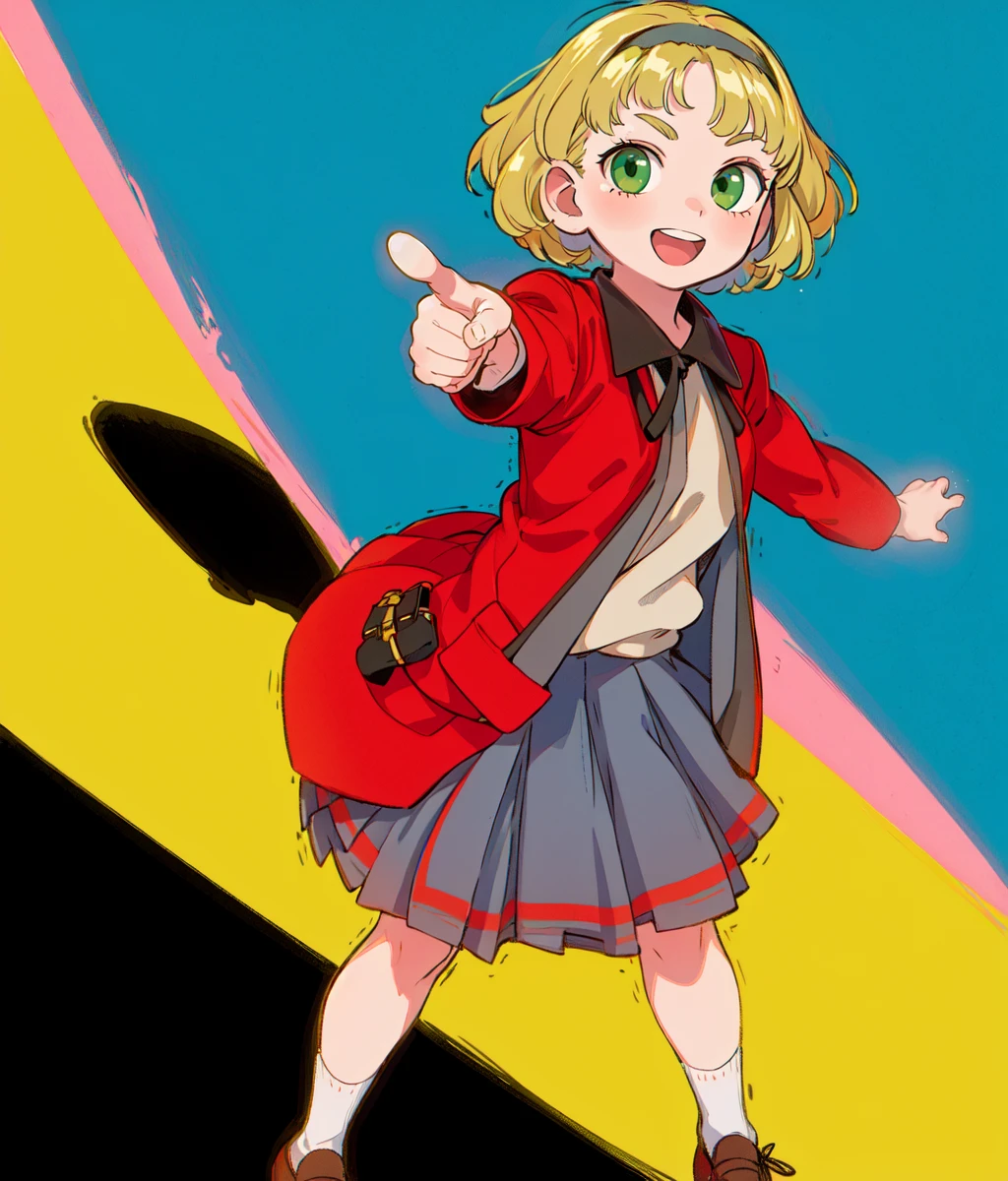masterpiece, high res, detailed face, detailed eyes, 1girl, solo, blonde, green eyes, short hair, big smile, teeth, airband, red jacket, gray skirt, turning around, pointing to the sky, outdoors, hill, starry sky, full body<lora:Nina:1>
