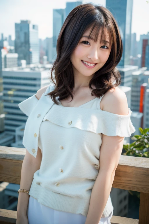 1girl, (white knit:1.2),(sleeveless, off-shoulder :1.4),(RAW photo, best quality), (realistic, photo-realistic:1.4), masterpiece, an extremely delicate and beautiful, extremely detailed, 2k wallpaper, Amazing, finely detail, extremely detailed CG unity 8k wallpaper, ultra-detailed, highres, soft light, beautiful detailed girl, extremely detailed eyes and face, beautiful detailed nose, beautiful detailed eyes,(cinematic lighting:1.4),(in the city:2.0),perfect anatomy,(slender body:1.6),(close up face:1.5),(gently smile,Friendly, warm:2.0),(looking at viewer:1.8),(japanese idol:1.8),(wavy hair:1.6), (brown eyes:1.8),(posing:2.0),<lora:hidakarina_lora-14:0.8>