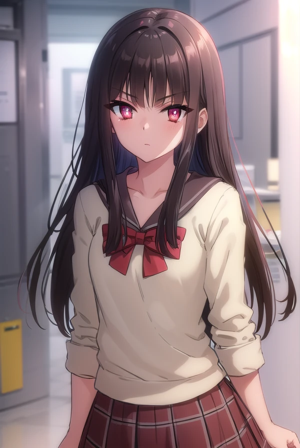 sarasvati, <lora:sarasvati s2-lora-nochekaiser:1>,
sarasvati, long hair, black hair, (red eyes:1.4), blunt bangs, hime cut,
BREAK skirt, bow, school uniform, serafuku, plaid, red bow, brown skirt,
BREAK indoors,
BREAK looking at viewer, (cowboy shot:1.5),
BREAK <lyco:GoodHands-beta2:1>, (masterpiece:1.2), best quality, high resolution, unity 8k wallpaper, (illustration:0.8), (beautiful detailed eyes:1.6), extremely detailed face, perfect lighting, extremely detailed CG, (perfect hands, perfect anatomy),