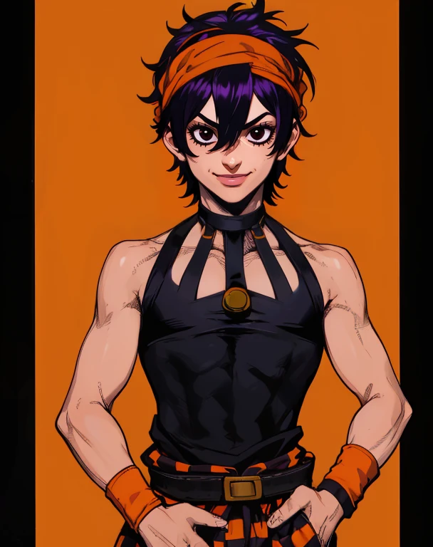 Narancia,short hair,black eyes,purple hair,light smile,
choker,wristband,headband,belt,dark tank top with straps, wristband,under pants,long orange checkered sarong,
tan,
standing,upper body,
cruise ship,morning,
(masterpiece:1.2),(best quality:1.2),<lora:NaranciaJJEoH:0.8>,