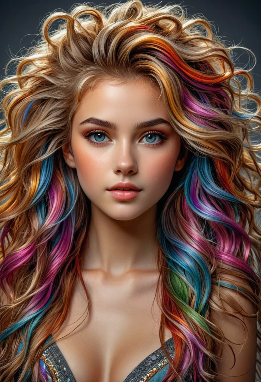 breathtaking (masterpiece:1.1),(highest quality:1.1),(HDR:1),girl with really wild hair,mane,multicolored hairlighting,(from front:0.6),, award-winning, professional, highly detailed