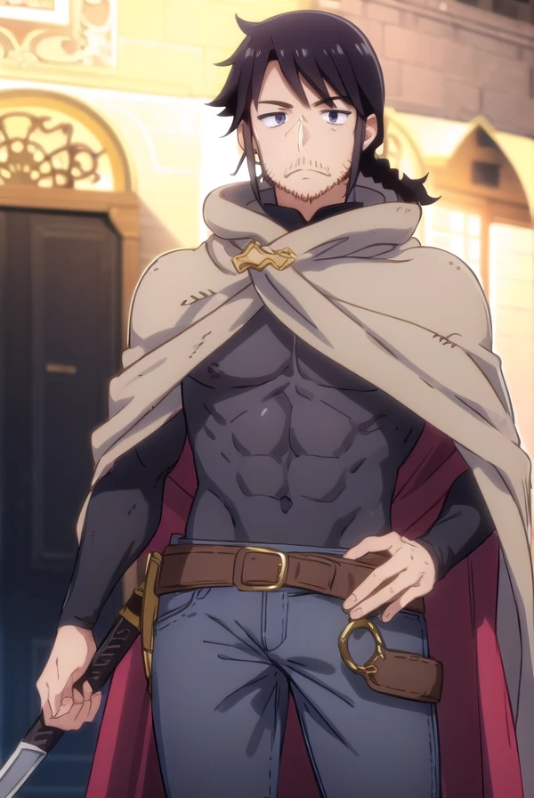 reviewerstunk, <lora:reviewer stunk male s1-lora-nochekaiser:1>,
stunk, black hair, male focus, facial hair, beard, stubble, (black eyes:1.5), smile,
BREAK belt, pants, sword, cape, cloak, white pants,
BREAK outdoors,
BREAK looking at viewer, (cowboy shot:1.5),
BREAK <lyco:GoodHands-beta2:1>, (masterpiece:1.2), best quality, high resolution, unity 8k wallpaper, (illustration:0.8), (beautiful detailed eyes:1.6), extremely detailed face, perfect lighting, extremely detailed CG, (perfect hands, perfect anatomy),