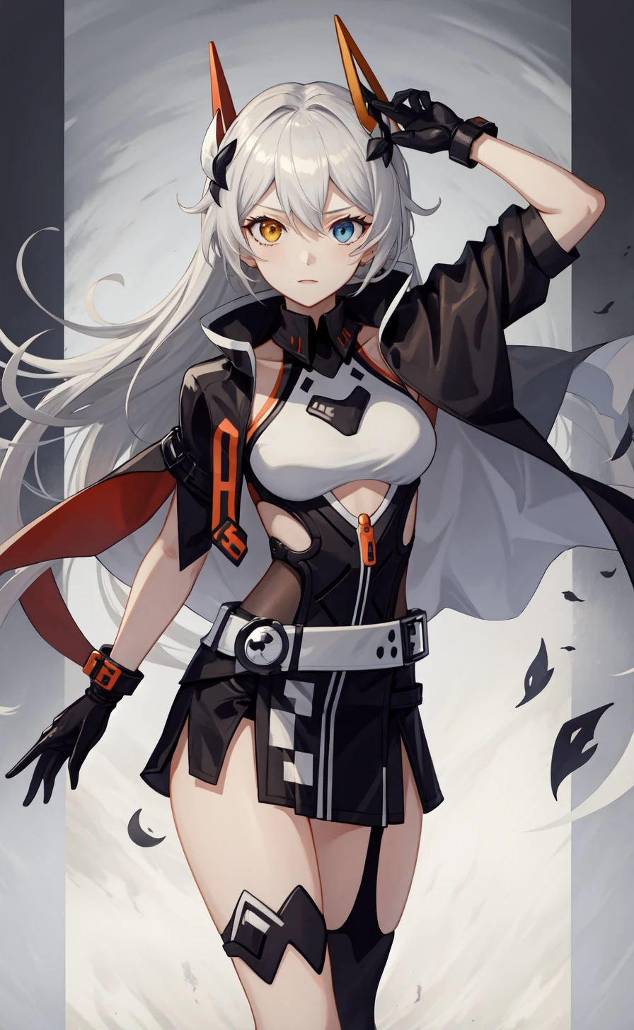 <lora:æ¸¸ä¾ locon:0.8>,1girl,kiana_kaslana,long_hair,heterochromia,gloves,black_gloves,blue_eyes,bangs,yellow_eyes,white_hair,(hair ornament:1.2),black_jacket,single thighhigh,jacket,dress,black_dress,belt,hair_between_eyes,, 1girl,
,  (masterpiece,best quality:1.2),absurdres