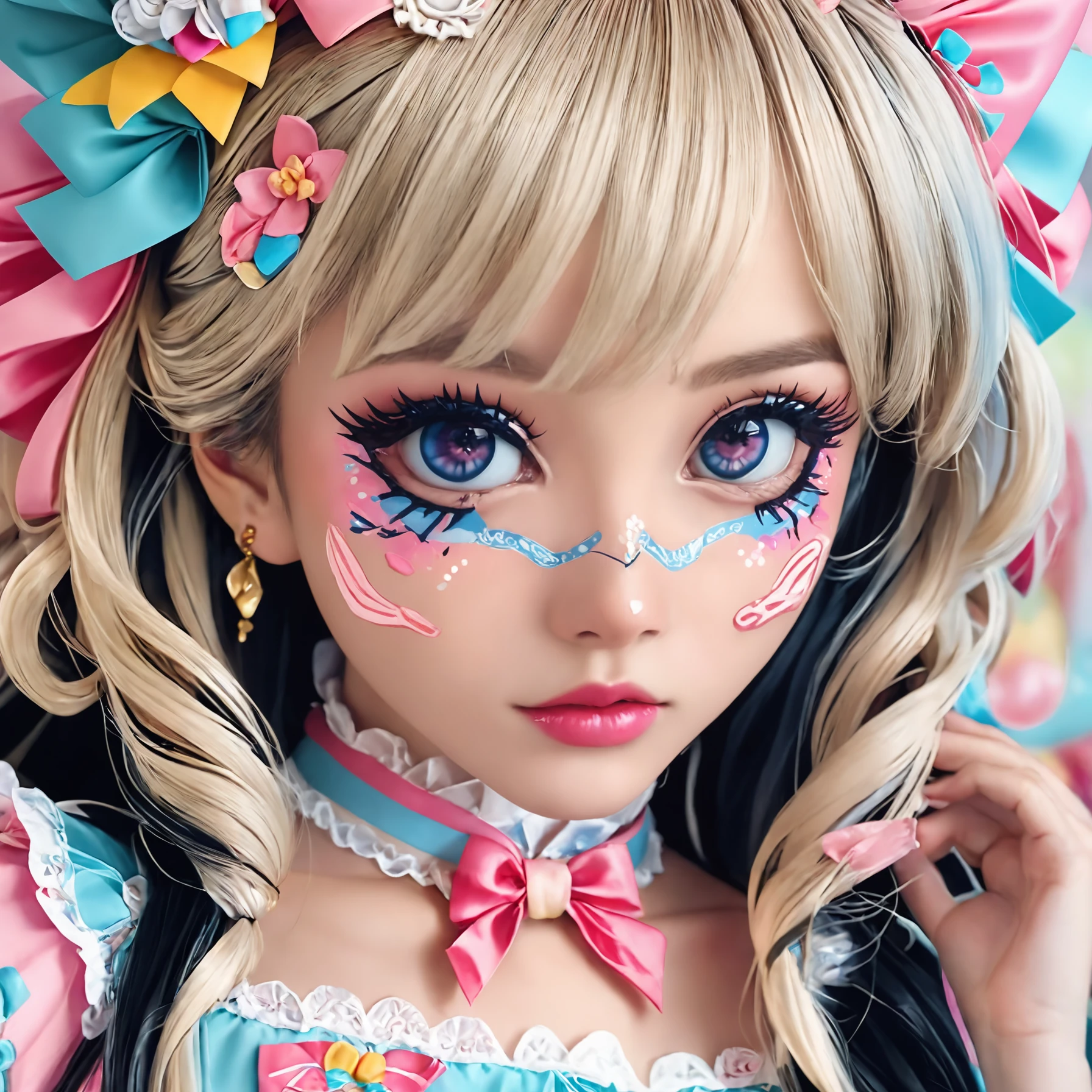 ((anime)), extreme closeup on face of a girl with doll kawaii makeup, black hair, highlighting the meticulous application of bows, lace, and colorful accessories, presented in a whimsical (anime style), enhancing the intricate patterns and details. sweetegl <lora:KawaiiMakeupXLv2:0.8>, <lora:sweetlolitaxlv3_5:0.6>