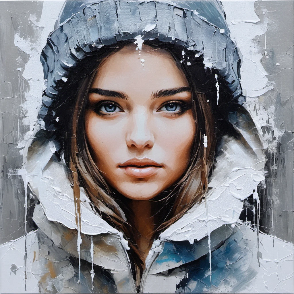 ((Abstract)) minimal palette knife canvas painting of a stunning young woman with a winter theme,subtle colors, minimalist, faint, <lora:mirkerr_xl_1_standard-merger_25_94_03_07:0.9>