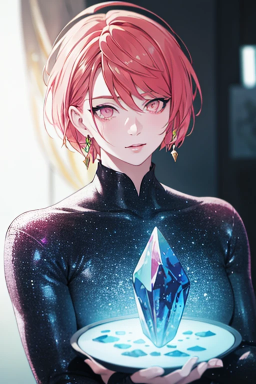 photorealistic, (4k), depth of field, (Masterpiece), (realistic skin texture), extremely detailed, intricate, hyper detailed, high resolution, professional photography, bokeh, depth of field, sharp detail, best quality, , 1boy, solo, male focus, <lora:reo_maruyama:1>, reo_maruyama, pink hair, pink eyes, , The Crystal Cave: A fantastical place where gemstones and crystals grow in abundance, 16k resolution