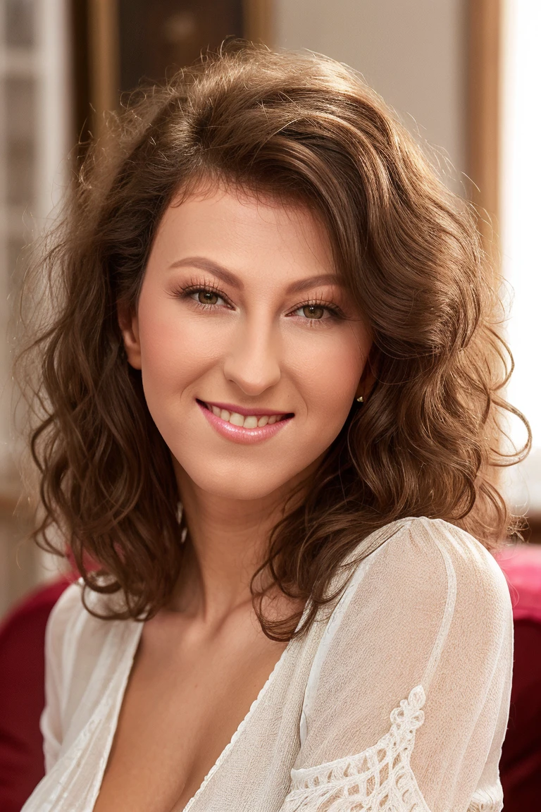 masterpiece,best quality, (one milf), ((portrait:1.5)), ((look down, looking at the viewer)), makeup, elegant blouse, wavy hair, ((open mouth)),