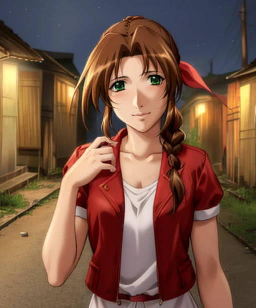 portrait, (adult woman), (1girl, solo), smile, (brown hair), green eyes, ((slums)), (night, hazy), ((best quality, high detail)), ((masterpiece)), <lora:Cha - Aerith v3:.75> aerith gainsborough, hair ribbon, braid, red cropped jacket, dress, <lora:1_yamanemasahiro_14e:1>