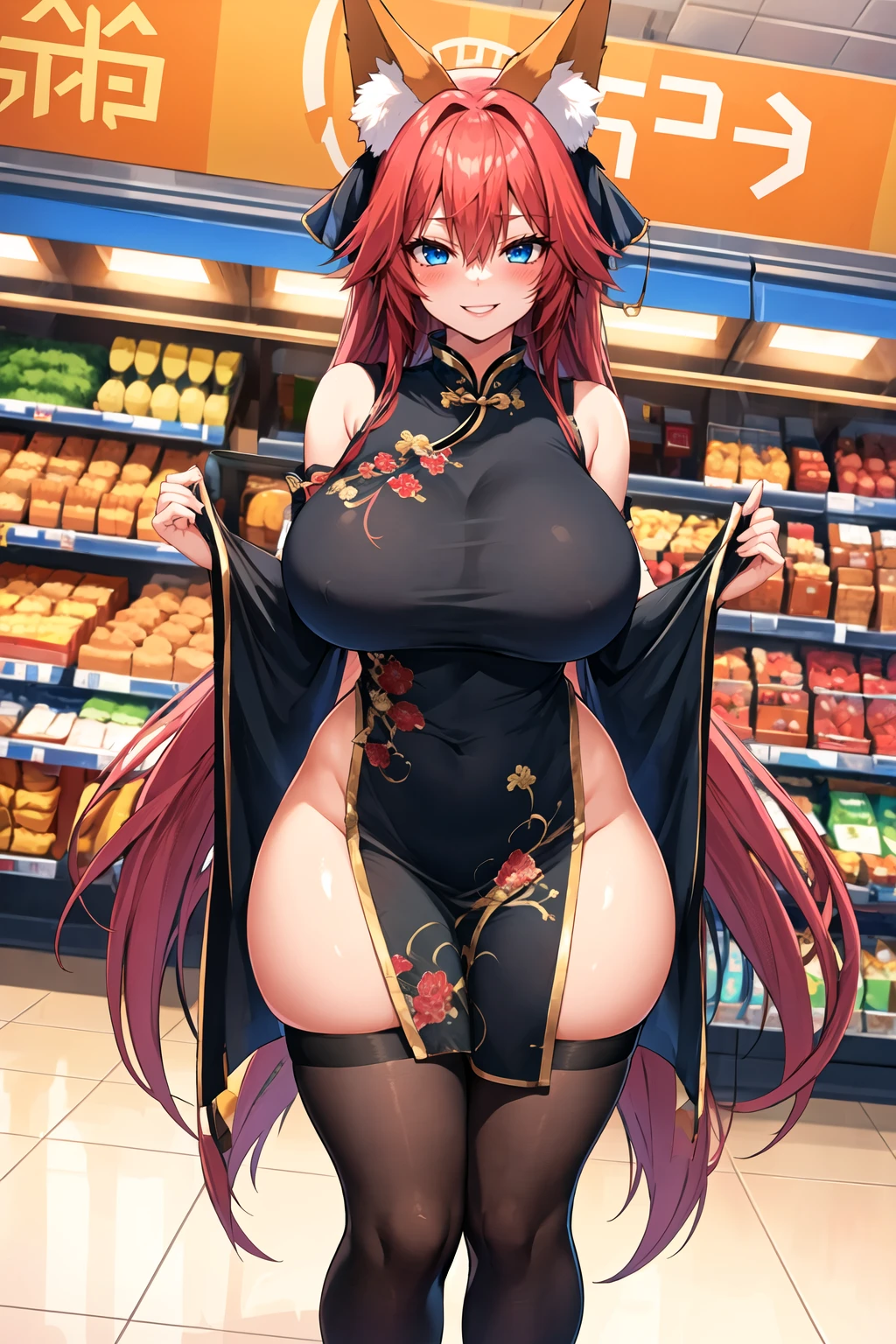 masterpiece, best quality, 1girl, standing, full body, red hair, blue eyes, (qipao:1.2), (black chinese dress:1.2), (gigantic breasts:1.2),(wide hips:1.2),(thick thighs:1.2), black panties, black underwear ,smile,thighhighs,(blush:1.2),indoors, supermarket,choker, slender waist, fox girl, fox ears, long hair, (long qipao:1.2), skintight qipao<lora:wisespeak-Style_1129792:1>
