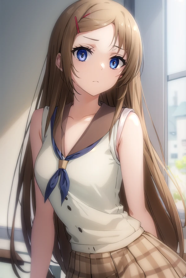 kanamimihara, <lora:kanami mihara s2-lora-nochekaiser:1>,
kanami mihara, long hair, brown hair, hair ornament, very long hair, blue eyes, hairclip,
BREAK dress, sleeveless, sailor collar, brown sailor collar, skirt, brown skirt, pleated skirt,
BREAK indoors, classroom,
BREAK looking at viewer, (cowboy shot:1.5),
BREAK <lyco:GoodHands-beta2:1>, (masterpiece:1.2), best quality, high resolution, unity 8k wallpaper, (illustration:0.8), (beautiful detailed eyes:1.6), extremely detailed face, perfect lighting, extremely detailed CG, (perfect hands, perfect anatomy),