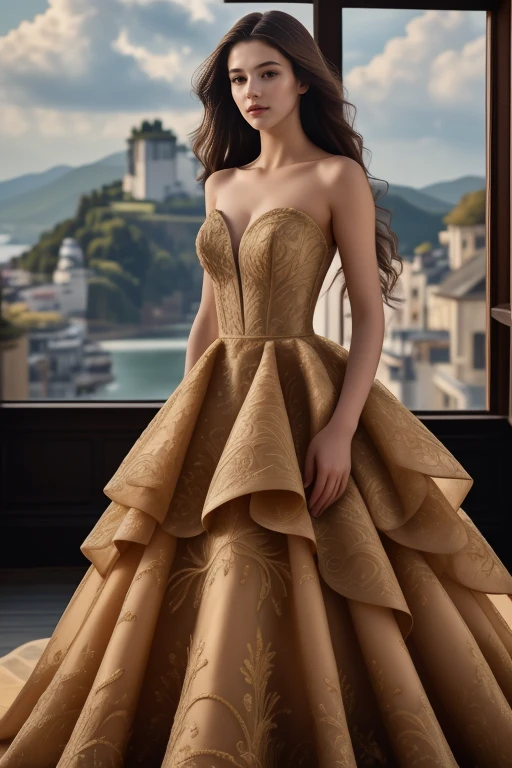 1 woman, 22yo, (realistic, masterpiece, high detailed skin:1.2) (looking at viewer, full body shot, scenic view, long hair:1.2)
<lora:Golden_Wedding_Gown_By_Stable_yogi:1> golden wedding gown