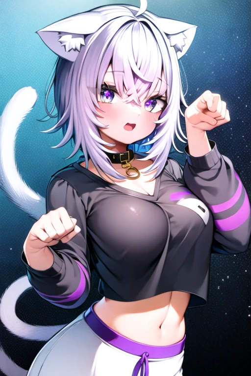 best quality, masterpiece, ultra high res, upper body, paw pose, 1girl, (nekomata okayu:1.3), purple hair, short hair, hair between eyes, ahoge, purple eyes, large breasts, animal collar, black collar, cat ears, cat tail, black shirt, crop top, long sleeves, navel, pants rolled up, white pants, skin fang, open mouth <lora:kamioka_chirol:1>