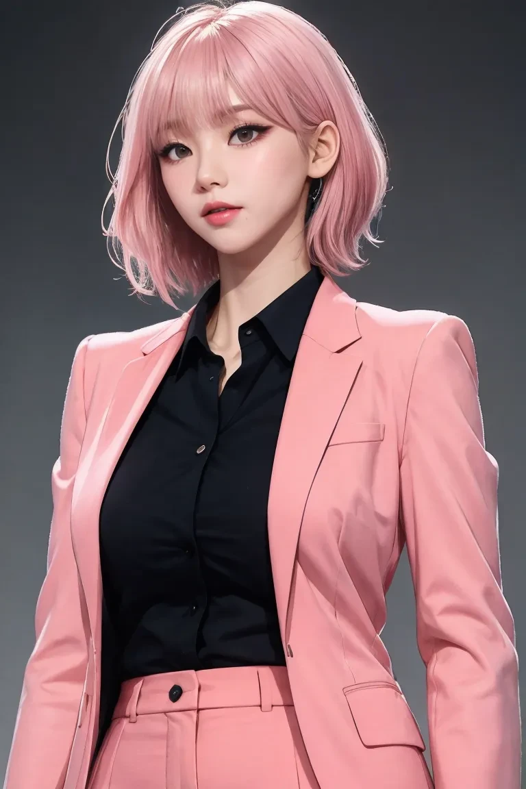 1girl,solo,pink hair,bangs,two-tone hair,short hair,collared shirt, blazer,pant suit, upper body,simple background,
<lora:Lovesh-KarinaV1:1>