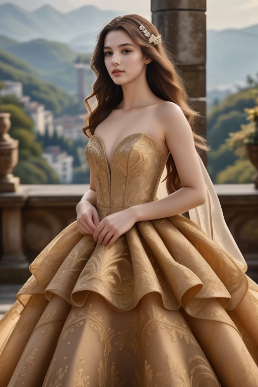1 woman, 22yo, (realistic, masterpiece, high detailed skin:1.2) (looking at viewer, full body shot, scenic view, long hair:1.2)
<lora:Golden_Wedding_Gown_By_Stable_yogi:1> golden wedding gown