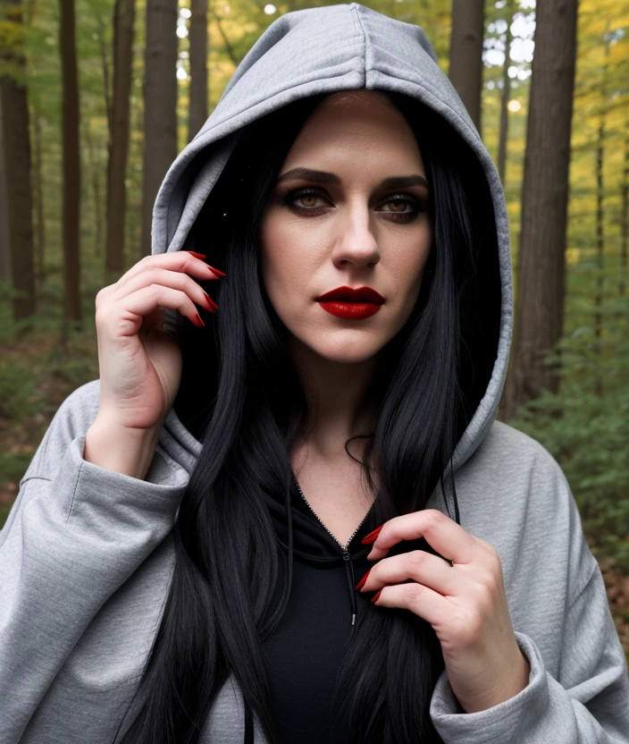  1girl, solo, long hair, black hair, holding, hood, nail polish, hoodie, makeup, crown, lipstick, pale skin, black nails, red lips,