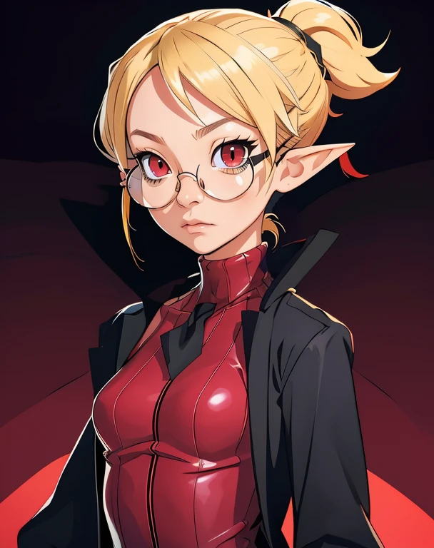 Professor,pointy ears,red eyes,short blonde hair,ponytail,cold expression,
red ribbed turtleneck,glasses,black coat,long sleeves,small black tie,
standing,upper body,
laboratory,
(insanely detailed, masterpiece, best quality,beautiful detailed eyes),solo,<lora:Professor:0.8>,