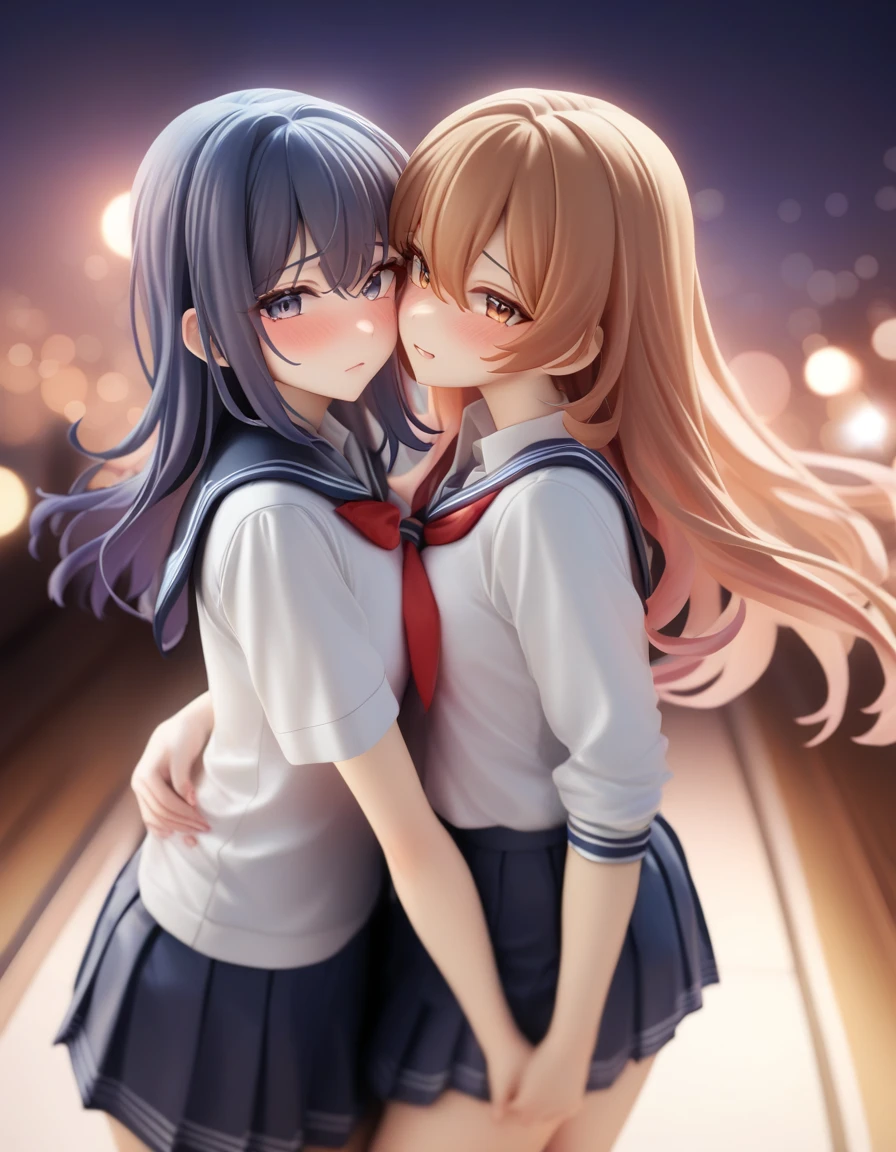 2girls, yuri, school uniform, looking at viewer, bokeh, masterpiece, best quality, newest, late, rating:general