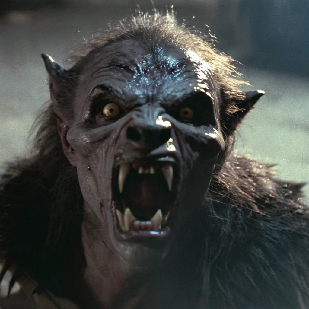 an american werewolf in london, muscular, movie screenshot, man mid transforming into werewolf