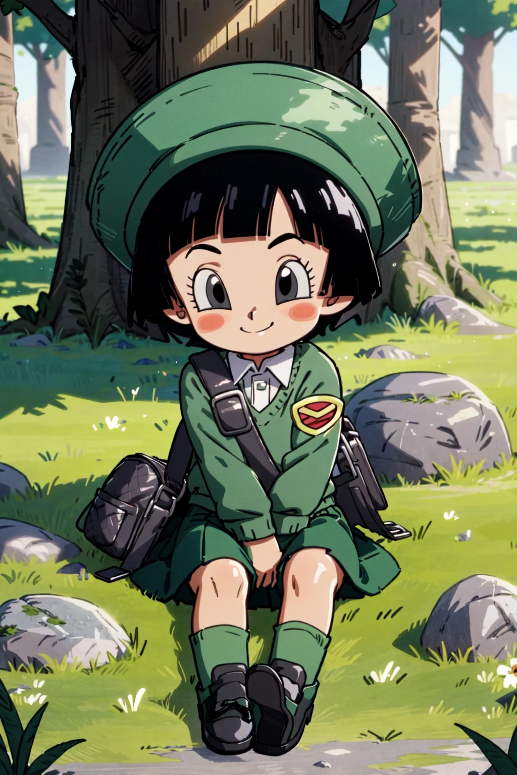 pan (dragon ball), 1girl, black hair, short hair, black eyes, green uniform, kindergarten uniform, shoulder bag, green headwear, green skirt, black shoes, green socks, sitting, on ground, outdoors, grass, rocks, day, sunny, dappled sunlight, trees, smile, looking at viewer, blushing <lora:Pan_DBS-10:1>