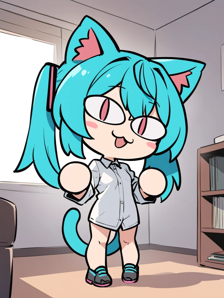 <lora:xl_neco-arc2-000007:1>,neco-arc,slit eyes,1girl,solo,cat ears,cat tail,chibi,:3,full body,hatsune miku,, masterpiece, best quality,
