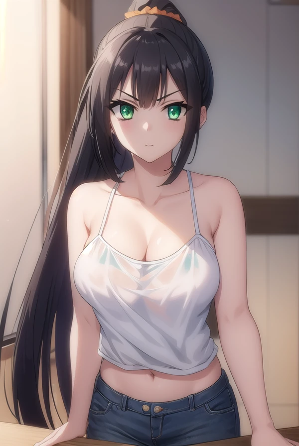 korewaseraphim, <lora:korewa seraphim s2-lora-nochekaiser:1>,
seraphim, long hair, black hair, very long hair, (green eyes:1.3), ponytail, scrunchie, orange scrunchie, angry, frown,
BREAK navel, cleavage, midriff, camisole, shorts, denim,
BREAK indoors,
BREAK looking at viewer, (cowboy shot:1.5),
BREAK <lyco:GoodHands-beta2:1>, (masterpiece:1.2), best quality, high resolution, unity 8k wallpaper, (illustration:0.8), (beautiful detailed eyes:1.6), extremely detailed face, perfect lighting, extremely detailed CG, (perfect hands, perfect anatomy),