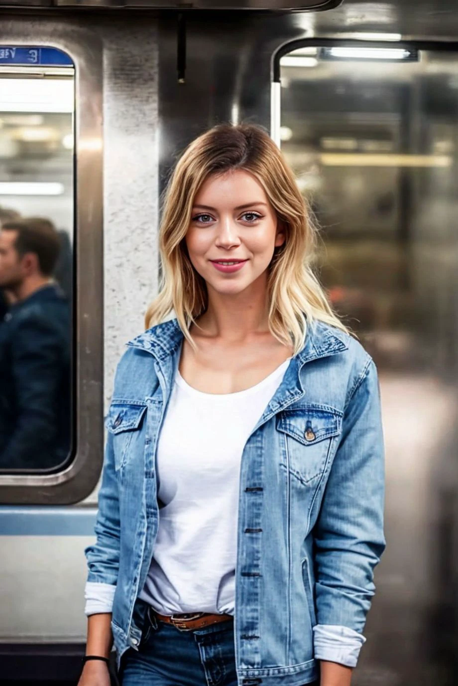 Instagram picture of a beautiful woman in a denim jacket with a white t-shirt and jeans,inside a packed subway in germany,closeup from above, epic character composition,by ilya kuvshinov, alessio albi, nina masic,sharp focus, subsurface scattering, f2, 35mm, film grain ,sexy smile<lora:milenaj:1>