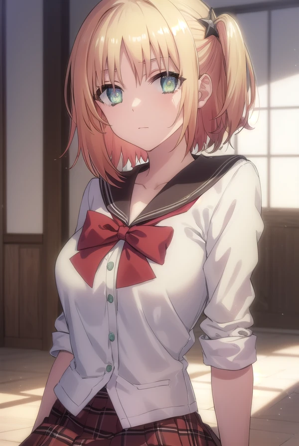 yukiyoshida, <lora:yuki yoshida s2-lora-nochekaiser:1>,
yuki yoshida, short hair, blonde hair, hair ornament, (green eyes:1.3), one side up,
BREAK skirt, bow, school uniform, serafuku, plaid, red bow, brown skirt,
BREAK indoors,
BREAK looking at viewer, (cowboy shot:1.5),
BREAK <lyco:GoodHands-beta2:1>, (masterpiece:1.2), best quality, high resolution, unity 8k wallpaper, (illustration:0.8), (beautiful detailed eyes:1.6), extremely detailed face, perfect lighting, extremely detailed CG, (perfect hands, perfect anatomy),