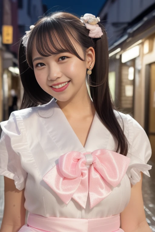 1girl,(RAW photo, best quality), (realistic, photo-realistic:1.4), masterpiece, an extremely delicate and beautiful, extremely detailed, 2k wallpaper, Amazing, finely detail, extremely detailed CG unity 8k wallpaper, ultra-detailed, highres, soft light, beautiful detailed girl, extremely detailed eyes and face, beautiful detailed nose, beautiful detailed eyes,cinematic lighting,perfect anatomy,slender body,smiling
in front of izakaya,narrow street like kowloon,lights reflected on wet floor,after rain,night time,shop sign lights,winter night
<lora:matsumotokaren_lora:0.82>(wearing pink dress),(pink bow),(twintail hairstyle)