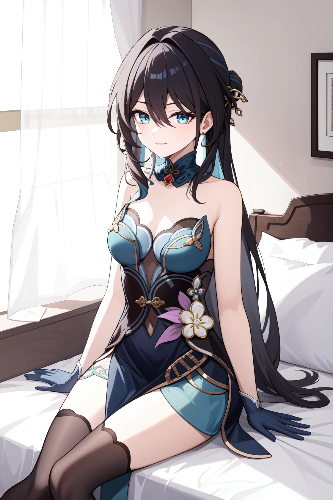 ruanmei,bangs,long hair,dress,gloves,hair between eyes,jewelry,hair ornament,blue eyes,black hair,flower,black gloves,blue dress,<lora:鮿¢
-000010:0.9:lbw=role>,indoors,bedroom,black legwear,sitting on bed,light smile,, 1girl,
, (masterpiece,best quality:1.2),absurdres