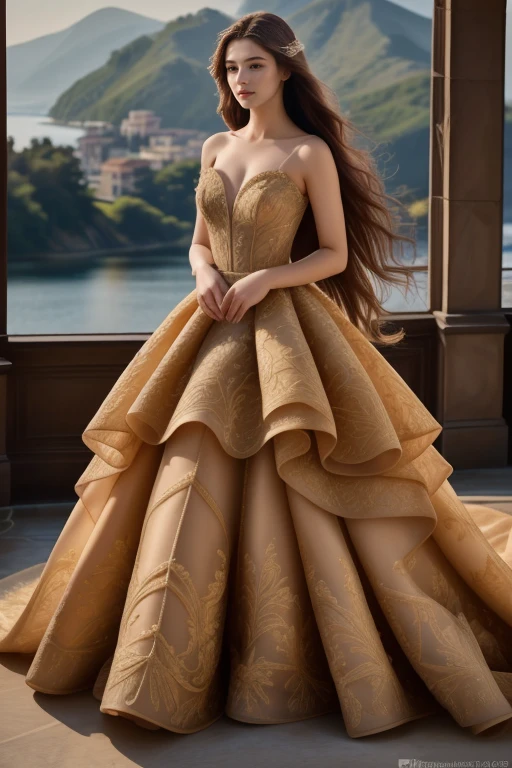 1 woman, 22yo, (realistic, masterpiece, high detailed skin:1.2) (looking at viewer, full body shot, scenic view, long hair:1.2)
<lora:Golden_Wedding_Gown_By_Stable_yogi:1> golden wedding gown