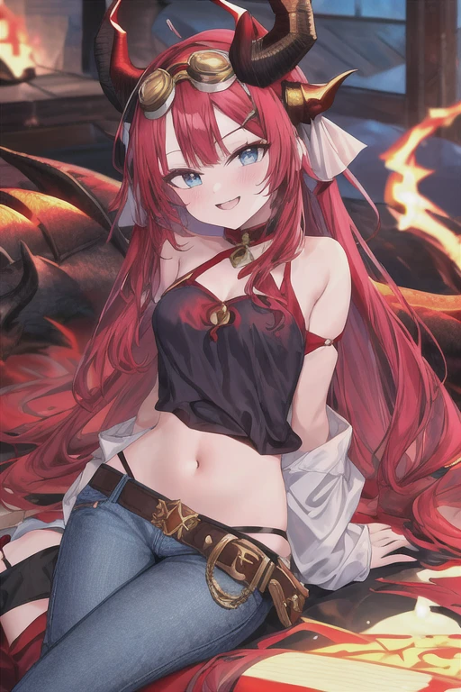 saya, 1girl, dragon tail, dragon horns, horns, animal ears, bangs, blush, eyebrows visible through hair, eyewear on head, eyewear on headwear, fang, goggles, goggles on head, goggles on headwear, long hair, looking at viewer, multicolored hair, purple and blue eyes, red hair, smile, solo, goggles, one bandaged leg, belt, short black skirt, big eyes, (black crop top), short, open shoulders,jacket partially on, navel, jacket hanging, oversized sleeves, small breasts, (upper body),
<lora:add_detail:1>, <lora:hyperrefiner_v090:1>, <lora:SAYA-PC-V2_1-000004:0.8>