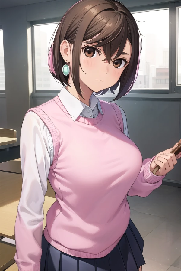 momoayase, <lora:momo ayase manga-lora-nochekaiser:1>,
momo ayase, short hair, brown hair, (brown eyes:1.5), bangs, thick eyebrows,
BREAK skirt, school uniform, pleated skirt, shoes, socks, loafers, sweater vest, (pink sweater:1.5), shirt, white shirt, collared shirt, earrings, green earrings,
BREAK indoors, classroom,
BREAK looking at viewer, (cowboy shot:1.5),
BREAK <lyco:GoodHands-beta2:1>, (masterpiece:1.2), best quality, high resolution, unity 8k wallpaper, (illustration:0.8), (beautiful detailed eyes:1.6), extremely detailed face, perfect lighting, extremely detailed CG, (perfect hands, perfect anatomy),