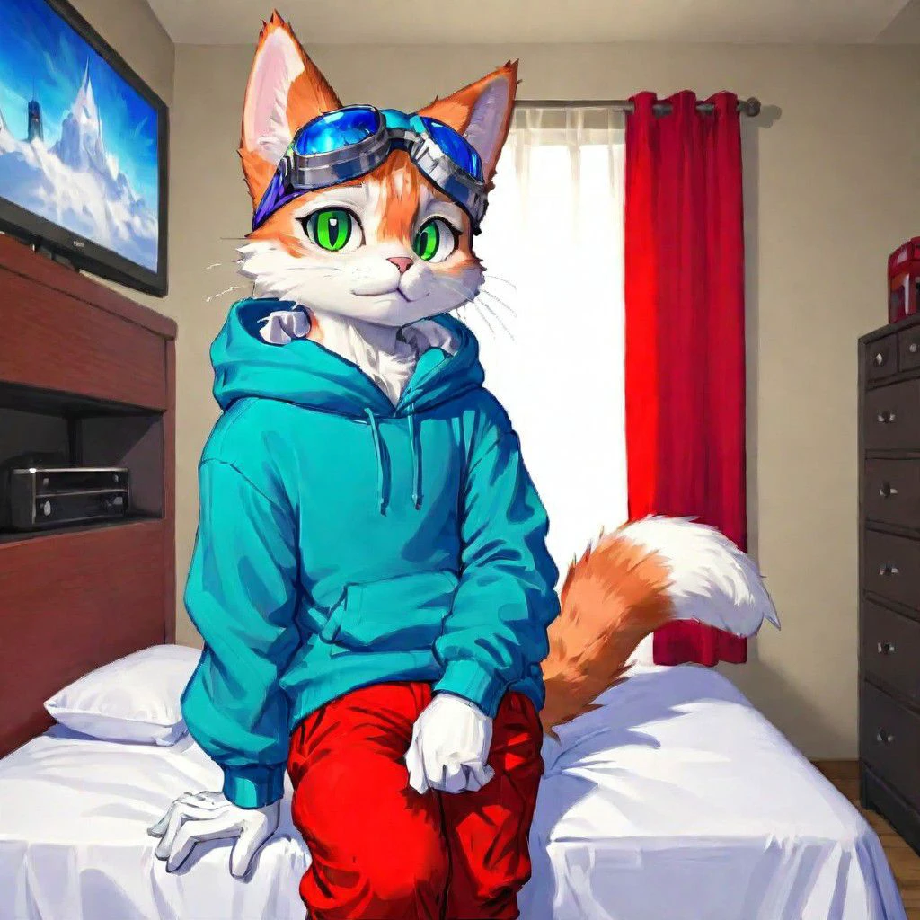 Blinx, solo, white gloves, 1boy, detailed background, bedroom, green eyes, sitting on a bed, tail, full body, shoes, pants, white gloves, hood, cat tail, hoodie, :3, cat, white footwear, slit pupils, goggles, furry, goggles on head, red pants, blue hoodie