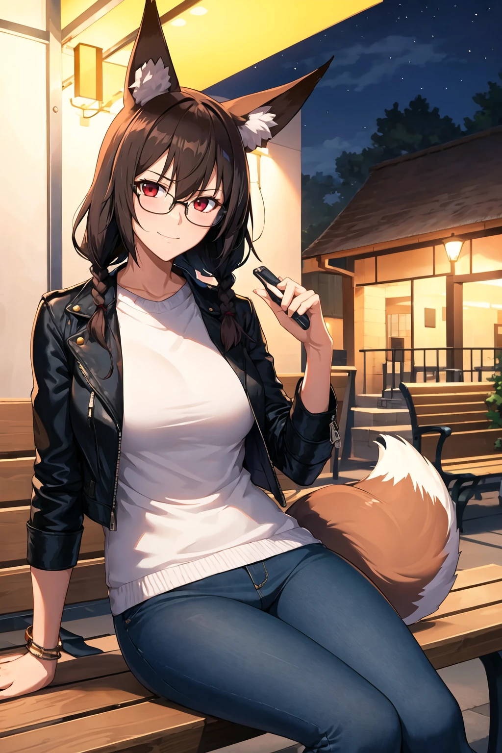 1girl, solo, sidelocks, twinbraids, (black hair), red eyes, smug, smirk, glasses, sitting, bench, partk, at night, long hair, white sweater, (leather jacket), (black jacket:1.2), fox girl, fox ears, fox tail, jeans, black tail,  <lora:Ore-Halcon-Style_1103000:1>