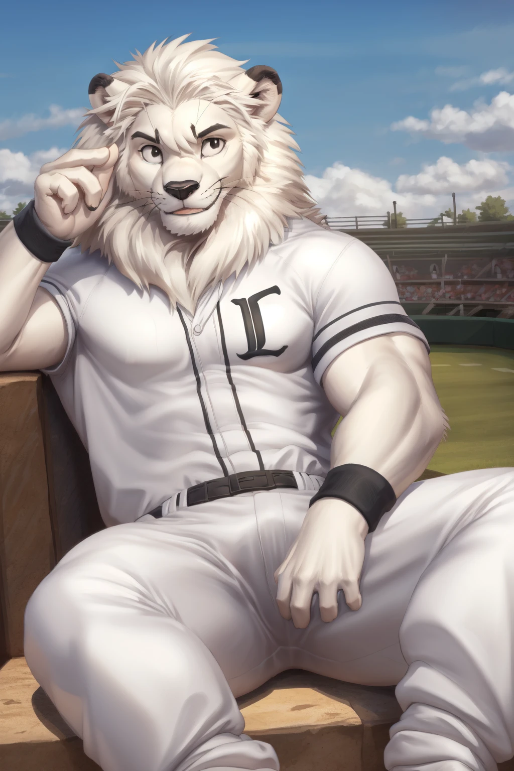 <lora:seibu_lions_Leo-08:1>, leo seibu lions, lion tail, smile, big eyes, (pose:1.3), (posing:1.3), (soft shading), 4k, hi res, ((detailed face, (black eyes), detailed)), by zackarry911, by zaush, (by personalami:0.5), looking at viewer, smile, sitting, male focus, thighs, pants, spread legs, feet out of frame, thick thighs, bulge, sportswear, white pants, baseball uniform