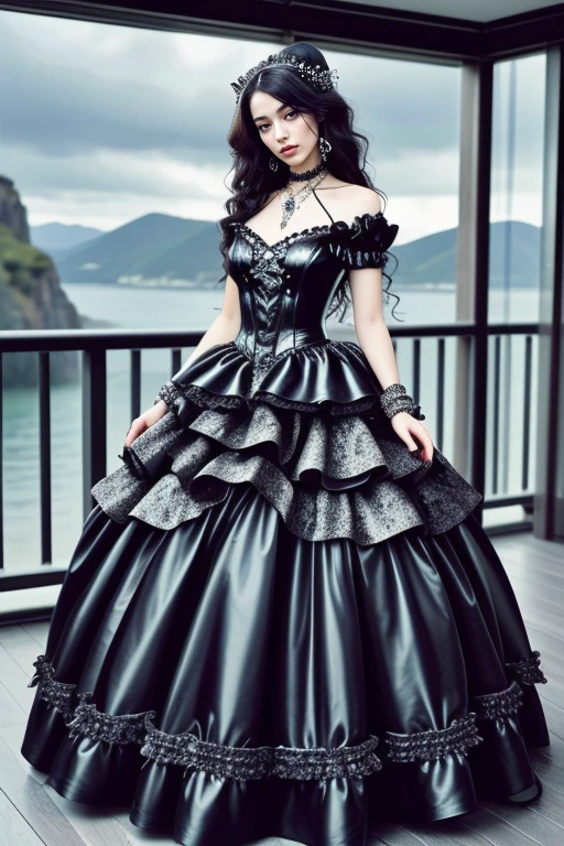 1 woman, 22yo, (realistic, masterpiece, high detailed skin:1.2) (looking at viewer, full body shot, scenic view, long hair:1.2)
<lora:Latex_Gothic_Gown_By_Stable_Yogi:0.8> latex goth gown, frills, jewellery, watch, bracelet